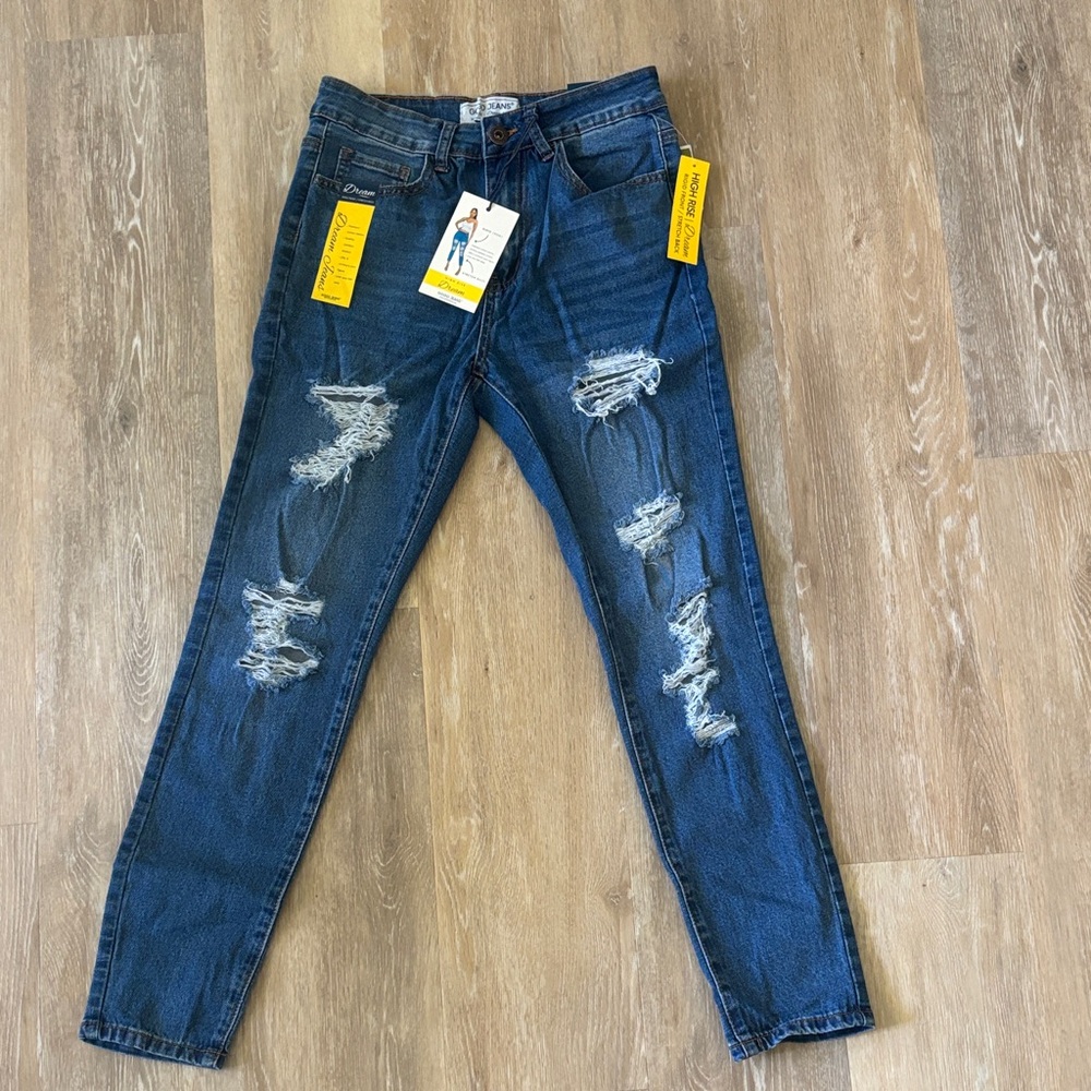GOGO Women's High Rise Distressed Jeans - Blue